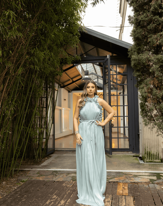 Fırfır Detaylı Yaka ve Kol Kenarı, Örgü Kemerli, Oversize, Işıltılı Şifon Uzun Gece Elbisesi