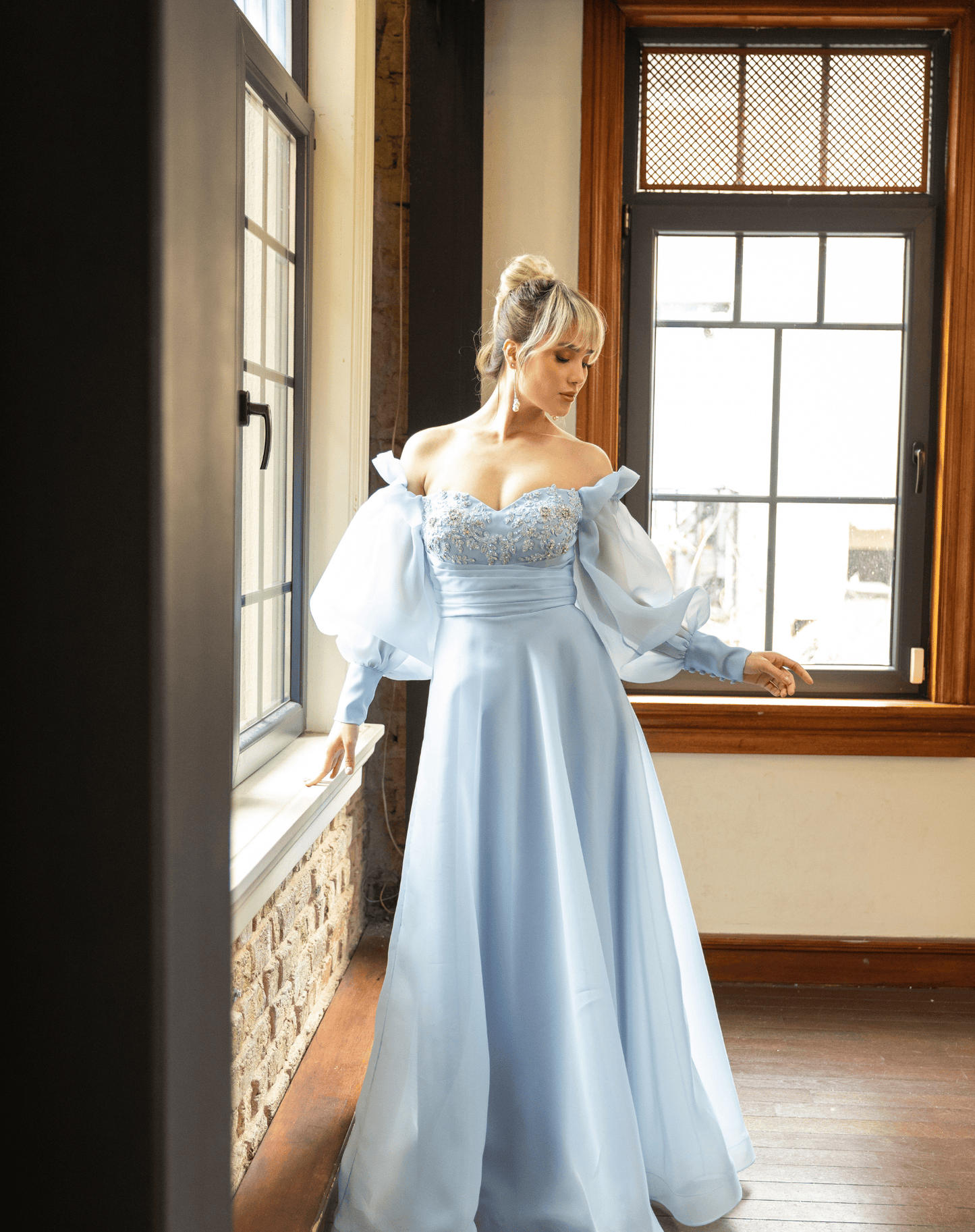 İşlemeli Göğüs Detaylı, Uzun Balon Kollu, Kloş Kesim Organze Gece Elbisesi