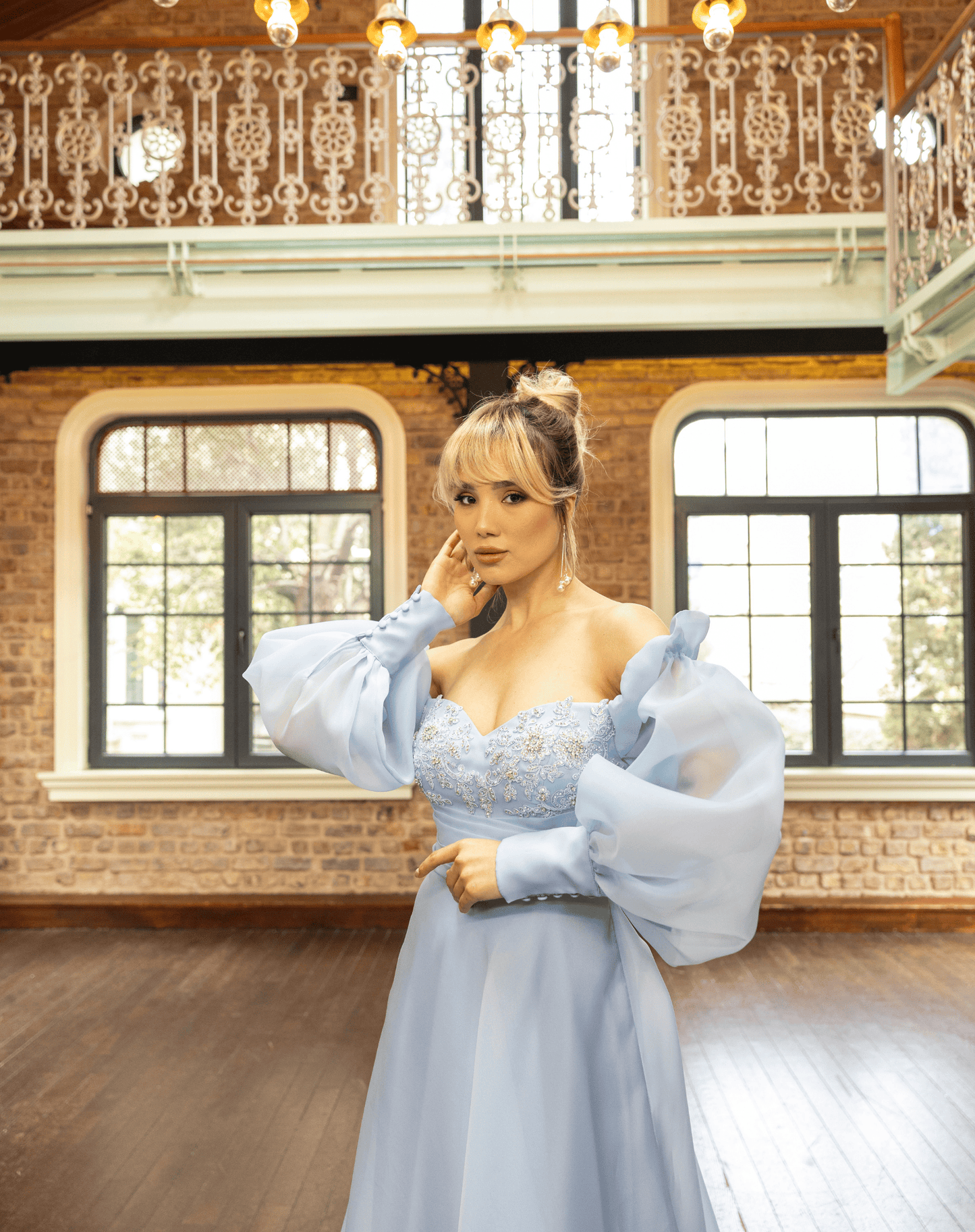 İşlemeli Göğüs Detaylı, Uzun Balon Kollu, Kloş Kesim Organze Gece Elbisesi